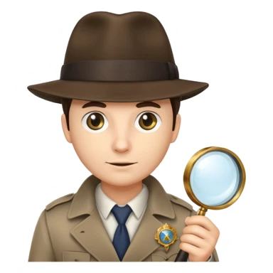 a detective with a hat, a magnifying glass and a badge sticker