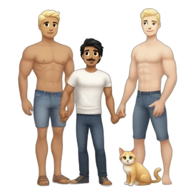 Gay couple, 1 Latino male heritage taller black hair a bit muscled, the other one white Australian male blonde hair holding hands with a cat in the middle of them. Full body sticker