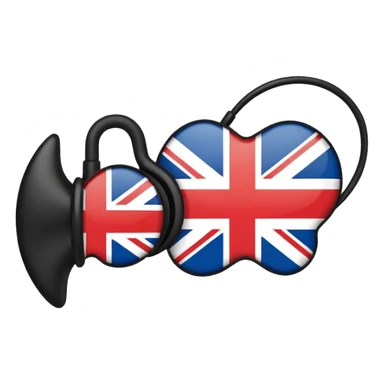Minimalistic flat vector icon, iOS style, thin black contour on white background. Ear icon with sound waves and small UK/USA flag symbol. Clean, no text, no shadows sticker