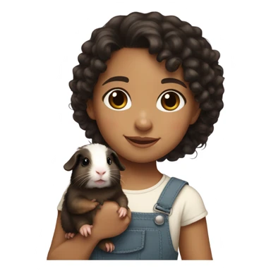 Little light skin girl with black curly hair holding a brown Guinea pig sticker