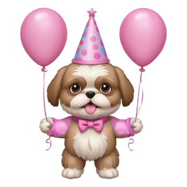 cute shih tzu hold a few pink balloons  in both arms with pink birthday hat sticker
