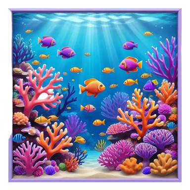 Cinematic Realistic Coral Reef Emoji in a wooden frame, Vibrant and alive, with colorful corals in hues of pink, purple, and orange, swaying gently with the underwater currents. Schools of tropical fish dart between the coral, with soft rays of sunlight piercing through the clear blue water above, creating a magical, serene underwater world. Soft glowing outline, capturing the essence of the bustling, colorful, and peaceful aquatic paradise. sticker