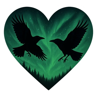  heart with green night sky and dark ravens, remove background sticker