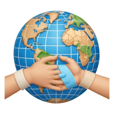 instead of two hands holding a globe, we have two hands handshaking in front of a globe. And in the background, we can see that the globe has a bandage or something.  sticker