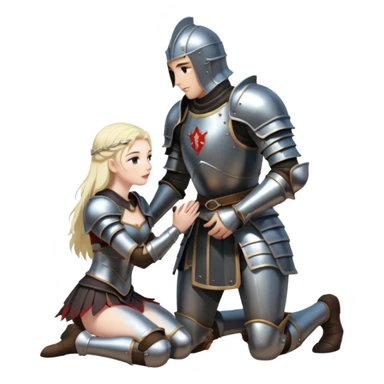 Armored knight kneeling before dark enchantress, erotic power shift sticker