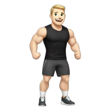 Joyful Celebrating victory Pale skinned Fit Man With the biceps and dark brown hair in black shirt, gray sports shorts and white Sneakers sticker