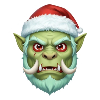 Fantasy orc emoji portrait, Santa Claus hat stretched around tusks, tusks covered with ice and crimson frost cracks, cold predator expression, winter hunt atmosphere, minimal clean emoji design, male/female variant
 sticker