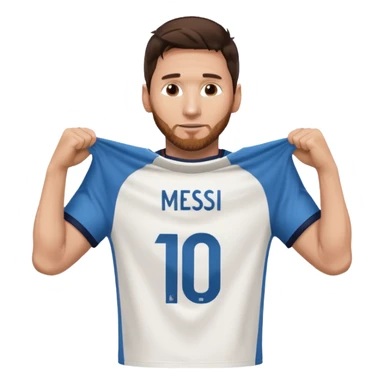 Lionel Messi holding up his own shirt sticker
