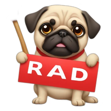 anime pug holding a sign that reads "RAID" in bright red font sticker