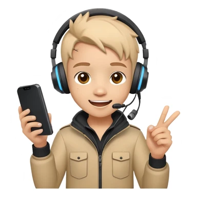 Cute cartoon character with gaming headset holding a mobile phone playing Free Fire, with excited eyes and happy expression sticker