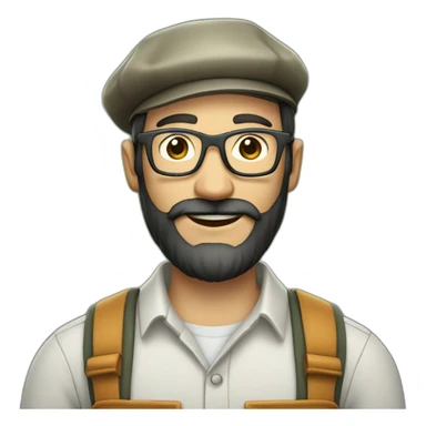 full body of an happy gardener face long dark beard and short dark hair with little transparent glasses and a beret sticker
