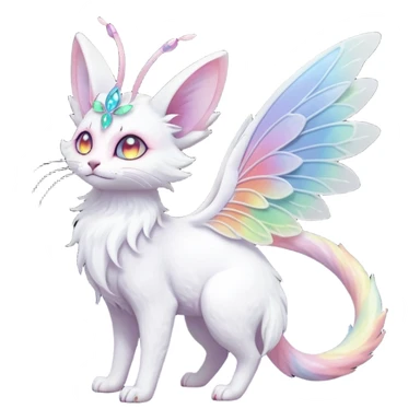 Pure-snow-White albino iridescent with pastel rainbow-gradients-color-markings with swirly patterns butterflies  faerie-Noivern-Noibat-Purloin-Torracat-Lykoi-Caracal-cat-Fakemon-fusion-hybrid-creature sticker