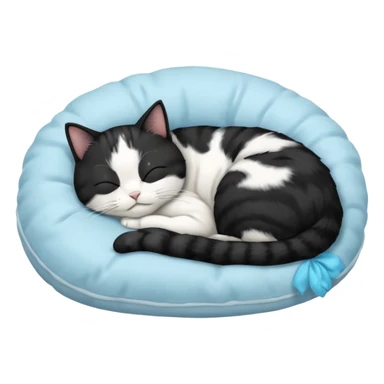 tuxedo short haired cat with his eyes closed sleeping in a lightblue pillow sticker