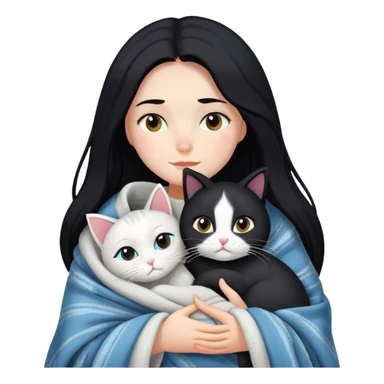 A fair-skinned girl with long black hair wrapped in a blanket hugging a black and white cat sticker