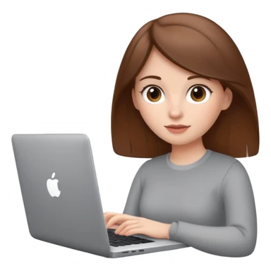 memoji of a brown hair white skin female with a grey laptop in front, apple-style, modern sticker