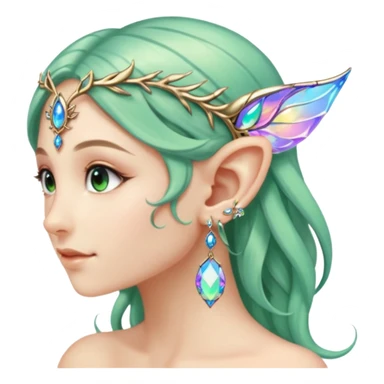 portrait of Elvish fae shiny sparkly iridescent translucent diaphanous ear climber ear cuff sticker