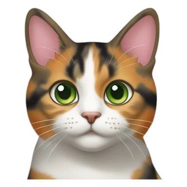 young striped calico cat face with a pink nose, white chin, green eyes, and orange/brown markings sticker