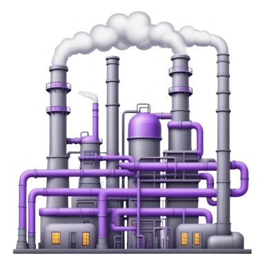 An emoji of an industrial factory in realistic gray tones, with pipes and smokestacks. Subtle neon violet glowing accents represent the power of AI, adding a futuristic and magical touch sticker