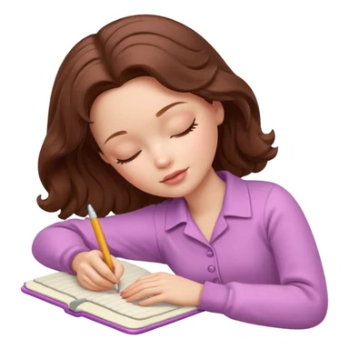 White Barbie girl dark Chestnut bob wavy hair sleeping with In pale creamy color clothes, he writes in a notebook sticker