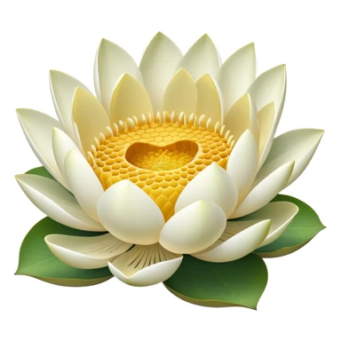 White lotus flower with botanically accurate yellow seedpod center showing honeycomb-like pattern of seed chambers, surrounded by white petals and accurate notched lotus leaf sticker
