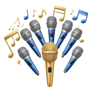 Create a harmonious and elegant emoji that represents choral singing. The design should feature multiple microphones arranged in a semi-circle, symbolizing a choir. Add musical notes flowing around to represent the harmony and unity of the voices. Include subtle elements like sheet music or a conductor's baton to reflect the organized aspect of choral performance. Use colors like gold, silver, and soft blue to evoke a sense of togetherness, professionalism, and grace. The background should be transparent. sticker