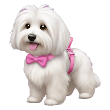 Long haired Coton de Tulear dog with pink harness and pink hair bow, pink dog bed, her name is Zoey sticker