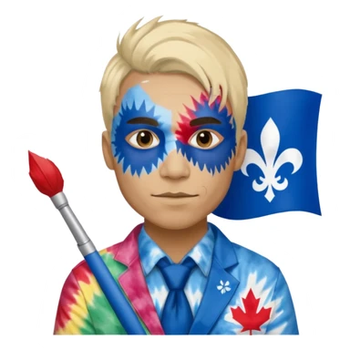 Québécois rockstar w tie die shirt and face paint man w Quebec flag sticker