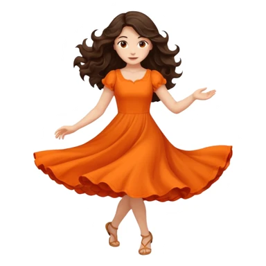 Long dark wavy hair women in orange standing spinning twirling around sticker