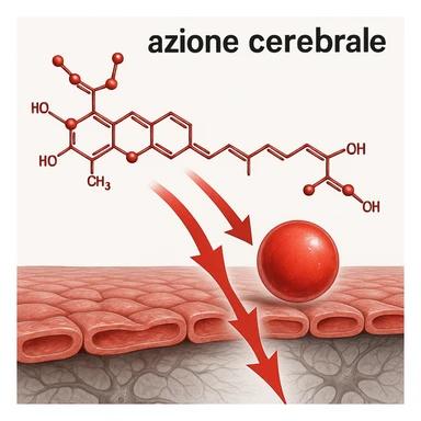 hyper realistic red astaxanthin molecule crossing a blood-brain barrier, scientific atmosphere, white background, red arrows, with text 'Astaxantina: azione cerebrale' sticker