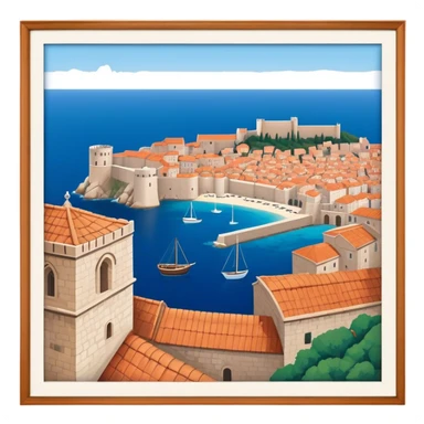 Cinematic Realistic Dubrovnik Landmark Emoji, showcasing the historic walled city with its terracotta rooftops, stone fortifications, and the deep blue Adriatic Sea stretching beyond. sticker