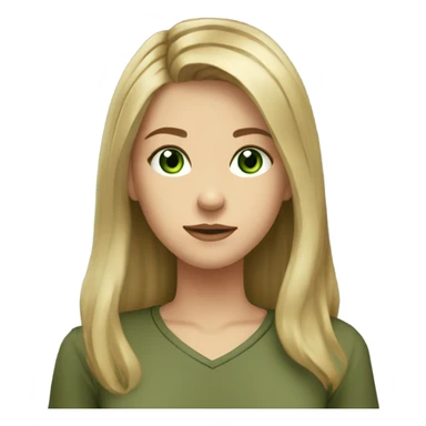 pretty teenage girl with long dirty blonde hair parted in the middle, green eyes, and wearing an olive green shirt sticker