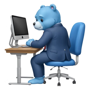 Blue Care bear sad in suit back view, sit on a chair, working on a computer, with a big desk sticker
