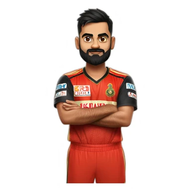 create a virat kohli standing while folding his hands wearing RCB Jeresy sticker