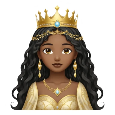 a black beautiful angel with gold pattern on her face and and long wavy black hair, she wears a ethereal crown with sparkling strings and a beautiful sparkling golden gown with moon crest in the middle of the gown, her face calm, gentle and kind, magical aura around her sticker