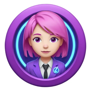 Cute 3D emoji-style girl sexy character with pink hair and purple eyes, inside a circular badge. No hands, no pose. Clean purple suit with a glowing neon-blue ‘C’ logo on the chest, small lightning accent. Smooth Apple-style lighting, friendly expression sticker