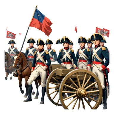A vintage movie poster-style design depicting a dramatic Napoleonic War scene. Include soldiers in period uniforms, cannons, and a battlefield with flags and horses. The background should evoke a sense of battle and history, with old-fashioned cinematic flair. Transparent background. sticker