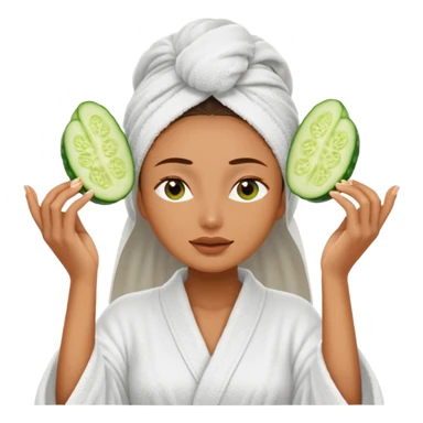 woman at the spa with cucumbers slices covering her eyes and tan skin tone with towel completely covering hair and robe on sticker