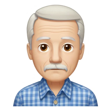 Thin elderly man with light skin. Elongated face with kind expression. Light brown eyes. Thin eyebrows. White goatee and white mustache. Fine straight gray-white hair combed back with some bangs falling on forehead. Slim build. Wearing a blue and beige checkered button-up shirt. sticker