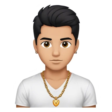 Young Latino male, black hair up, wearing a small chain and a white v-neck t-shirt sticker