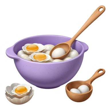 a lilac ceramic mixing bowl with a wooden spoon stirring and sitting next to it is a few eggs sticker