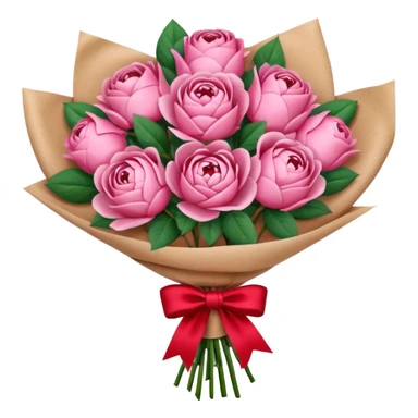 Bouquet of pink flower like rose and peony wrapped in kraft paper with red bow sticker