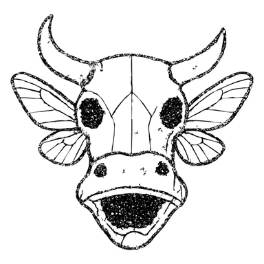 a horrifying minimal red line drawing of just a head merging minotaur skull with broken horn, stoat snout, frog mouth, and moth wings extending from the head, hollow transparent center, heavily distressed with incomplete outlines, worn texture, eroded sections, and scratched appearance, only thin red lines sticker