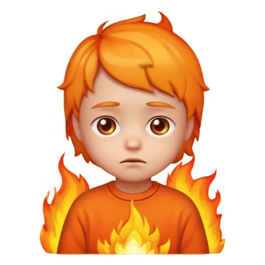 apple style emoji of a small child looking sad with fire in the background sticker