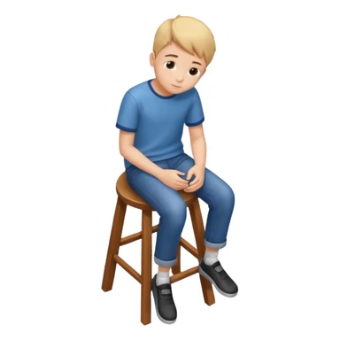 Generate a photorealistic image of a boy sitting on a stool. The scene is captured from a top-down perspective (bird's-eye view), looking directly down from above his head towards his feet. The background should be simple and clean. sticker