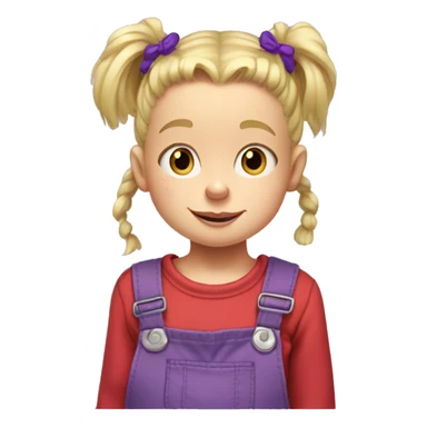A little blonde girl with pigtails and little purple bows wearing a red long sleeved shirt and purple overalls, rugrats sticker