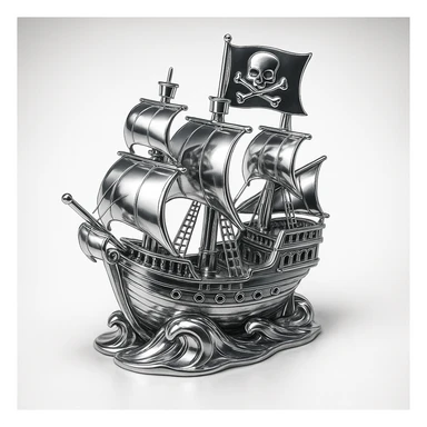 chrome style illustration of a pirate ship sailing at night with a flag displaying a stylized chrome skull and crossed bones emblem, shiny metallic chrome details on ship and flag sticker