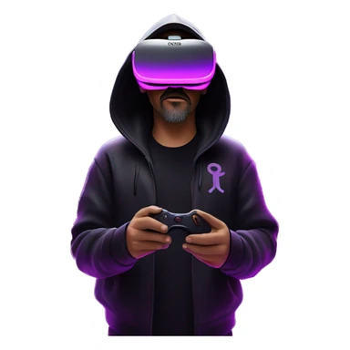 Big Lebowski wearing a black hoodie with "OMG" letters on it and VR headset oculus quest 2 in a cyberpunk VR environment with violet neon lighting. sticker