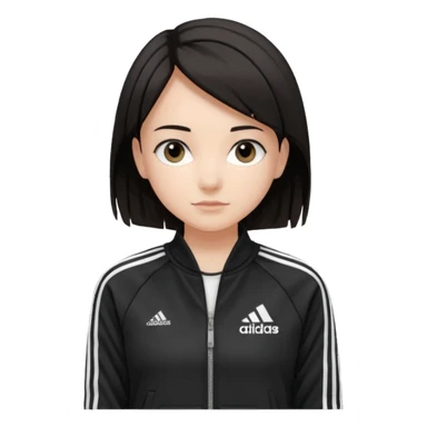A girl with  medium length, dark hair, fair skin. The style is a soft, layered cut that falls around her shoulders. wore black Adidas track jacket with white stripes on the sleeves. It has a full zipper down the front, a stand-up collar, and the Adidas logo on the right chest emoji sticker