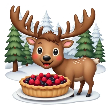 A cheerful reindeer with a fluffy coat and big antlers, happily munching on a slice of berry pie, surrounded by a snowy forest background, in a cute and simple emoji style. sticker