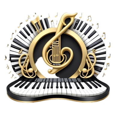 Create an elegant and festive emoji collage representing keyboard instruments, styled like a heraldic emblem. The design should feature a central focal point of black and white piano keys, arranged in a semi-circular or shield-like shape. Around the piano keys, add intertwining musical notes that form flowing ribbons, creating a dynamic and celebratory atmosphere. The design should be professional, with polished silver and gold accents on the keys and notes, highlighting the luxury and sophistication of the instruments. Add subtle shading and lighting effects to give the design a refined, 3D appearance. The background should remain transparent, and the overall feel should evoke grandeur, artistry, and a sense of celebration. sticker